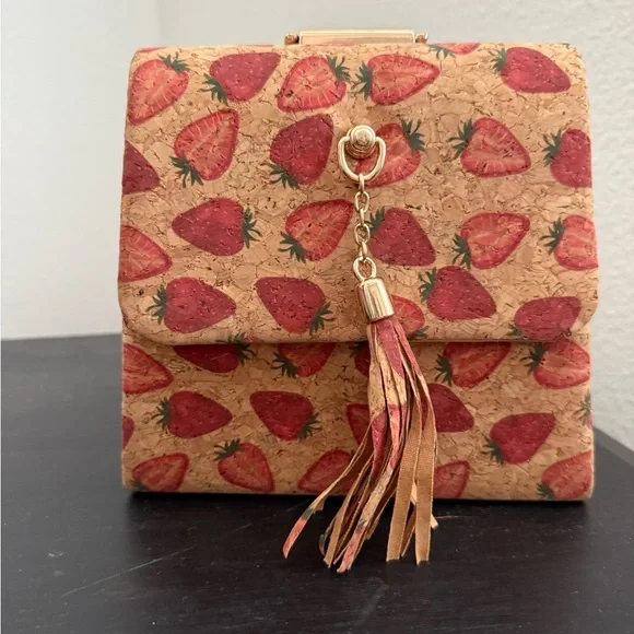 Strawberry Print Handbag with Gold Handle - Picture 2 of 9